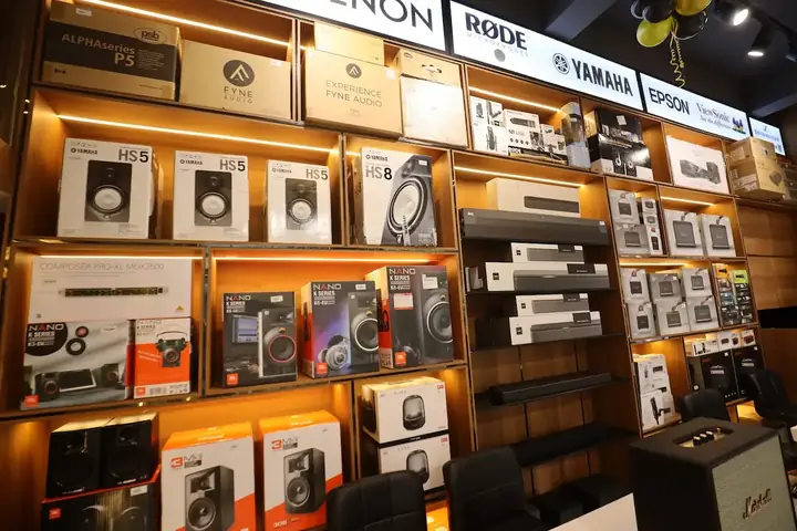 Speakers, studio monitors and soundbars on display at the Pro Audio Video store in Andheri West