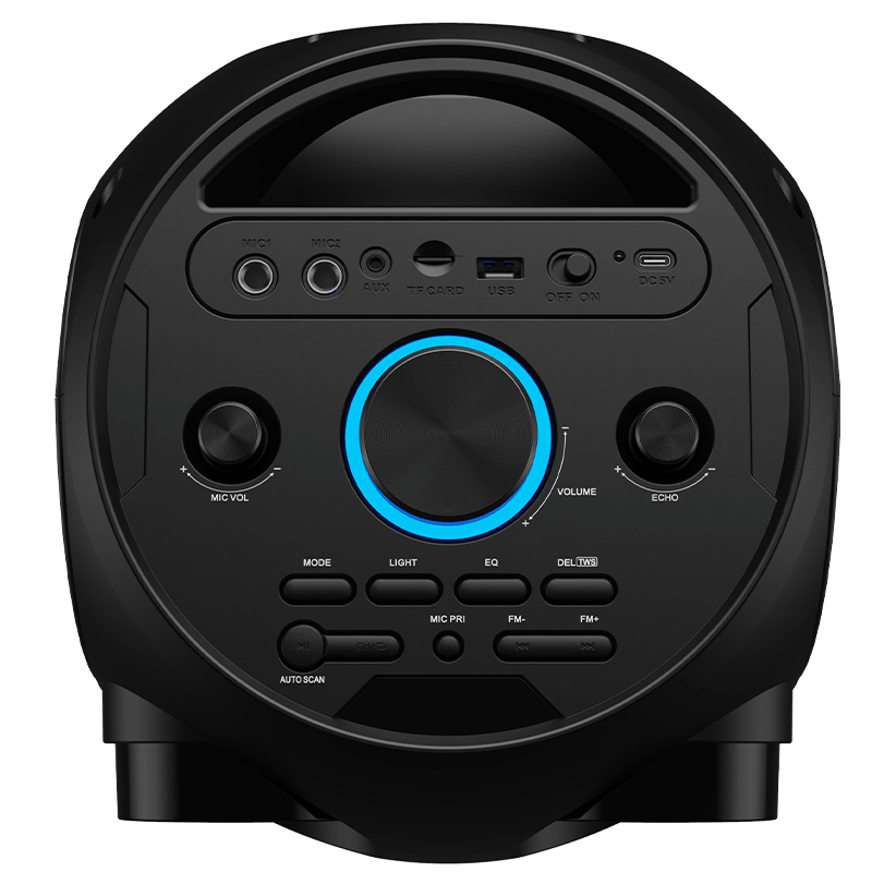 boAt PartyPal 200 top control panel with mic inputs, USB and volume knob