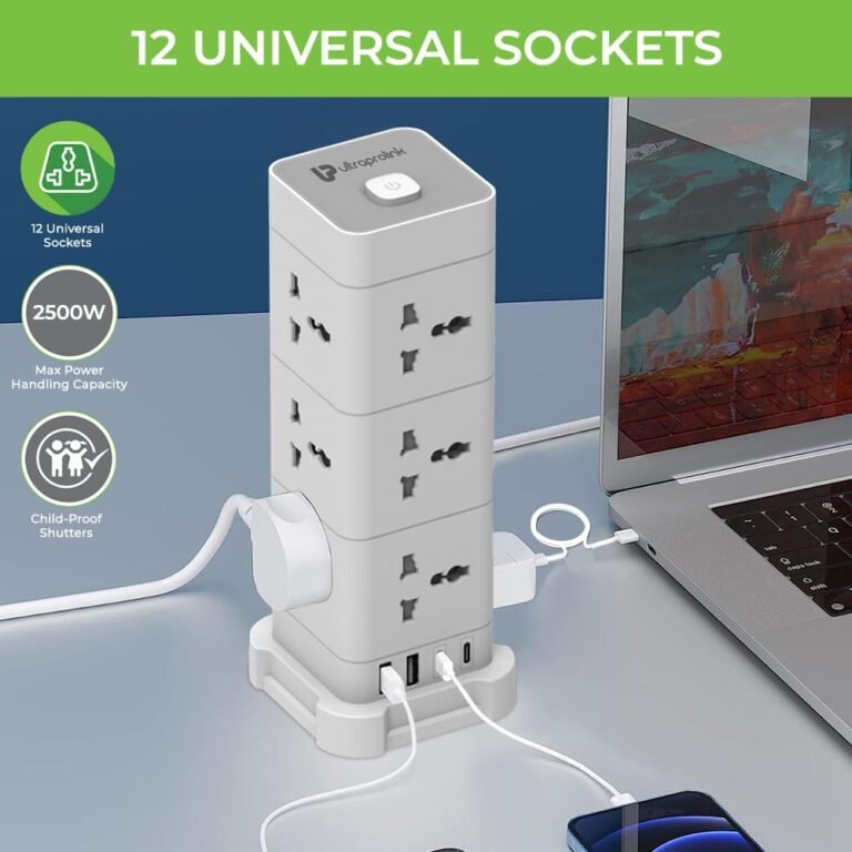 Ultraprolink 16 In 1 Tower Extension Board | Surge Protector & Spike Guard | 12 Ac Sockets (2500w) +2 Usb-a +2 Type C Port 3.4A-17W | 2m Isi Cable Power Strip For Home | Power Tower 12 | UM1190U