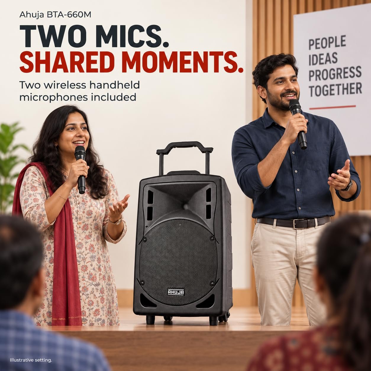 Ahuja BTA-660M Portable PA Speaker, 40W, 2 Wireless Handheld Microphones, Bluetooth, Rechargeable Battery And Trolley, Black - Image 5