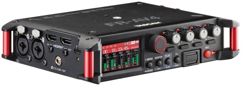 Tascam FR-AV4 4-channel 32-bit Float Field Recorder With Mixer For Camera Rigs, 4 Xlr/trs Inputs, Timecode Generator, Hdmi Sync, 192khz, Usb-c Audio Interface