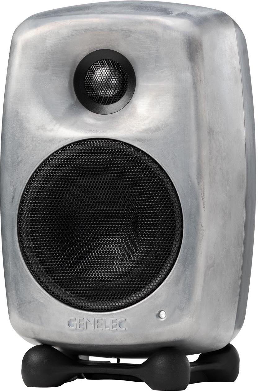 Genelec 8020RW RAW Finish Studio Monitor - front three-quarter view, RAW aluminium finish