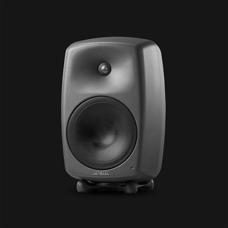 Genelec 8350A SAM Studio Monitor - front view, dark grey, black background