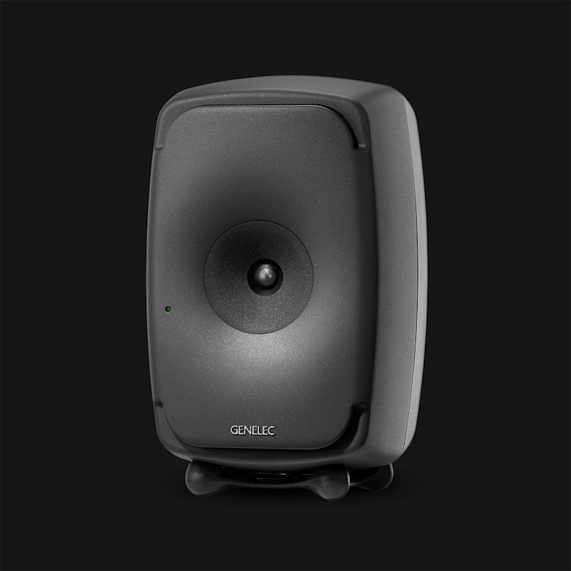 Genelec 8351A SAM Coaxial Studio Monitor - front view, coaxial driver, dark grey, black background
