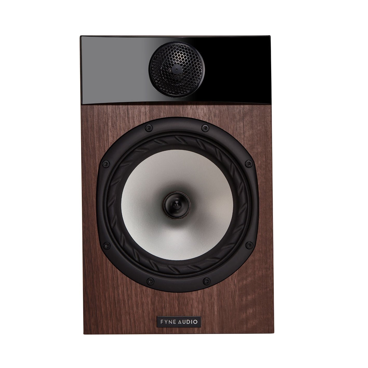 Fyne Audio F301 Bookshelf Speaker - Walnut - pair, front view, walnut