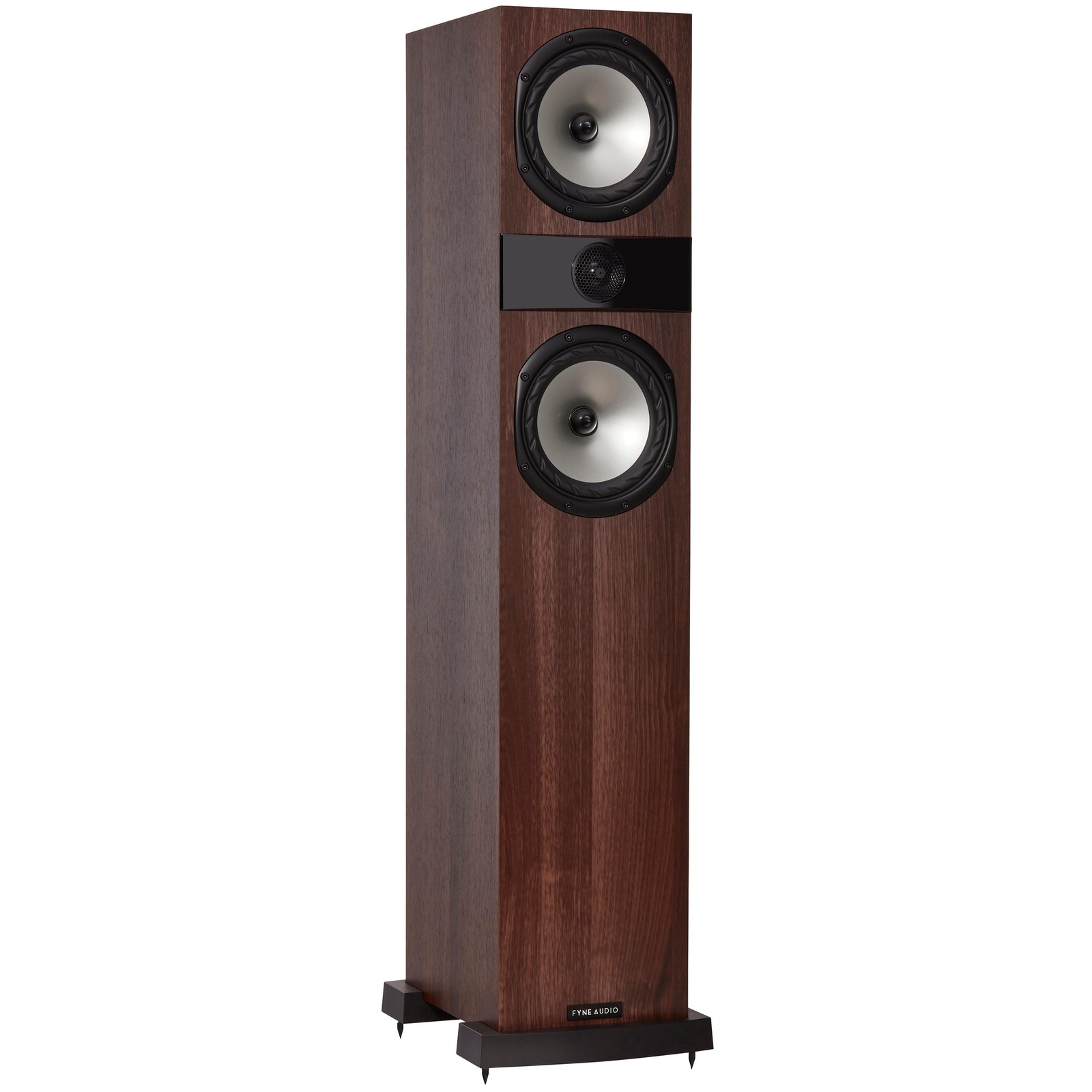Fyne Audio F303 Floorstanding Speaker - Walnut - single, front three-quarter view, walnut