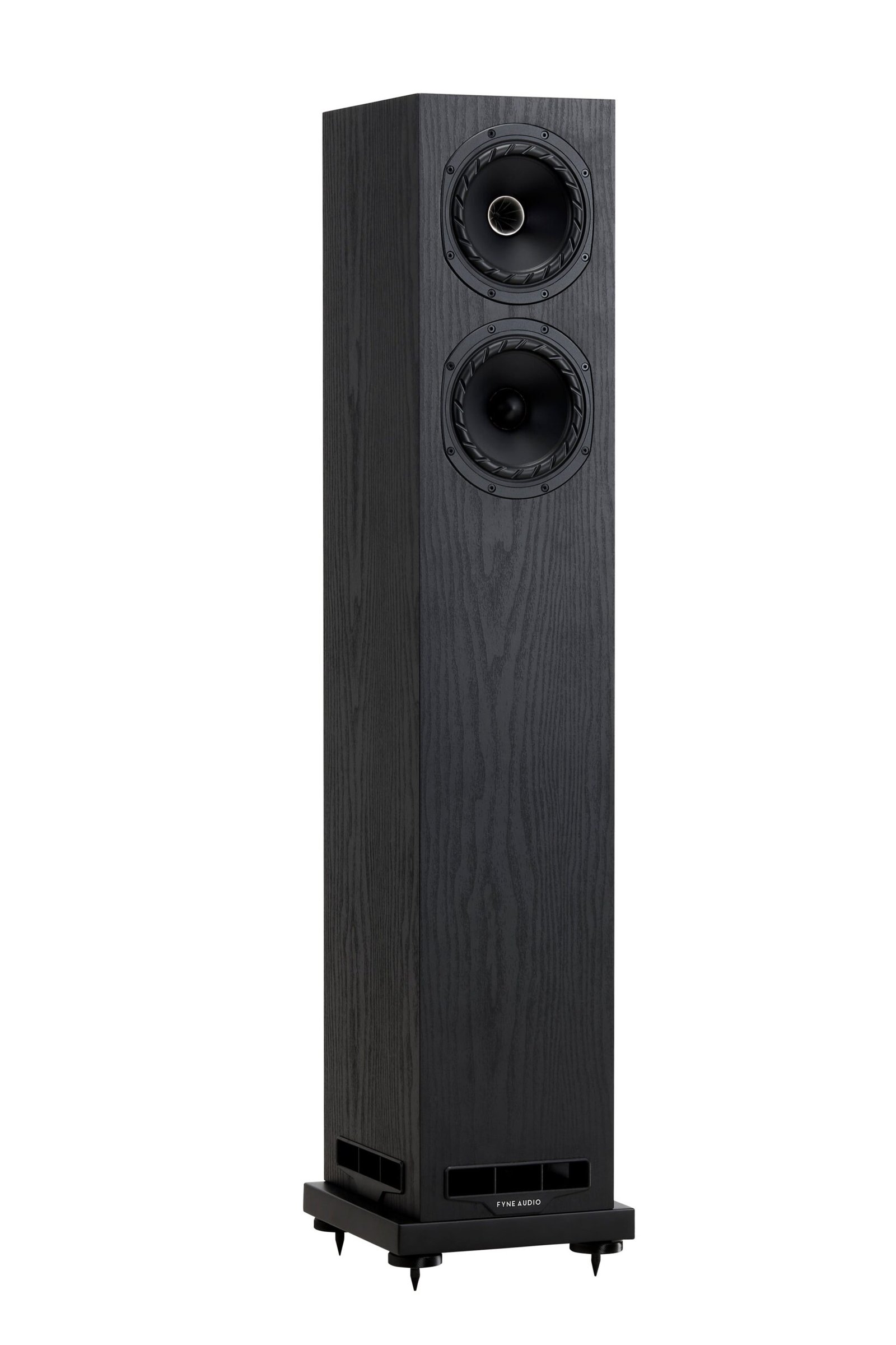 Fyne Audio F55E Slim Floorstanding Speaker - single, front view, black ash