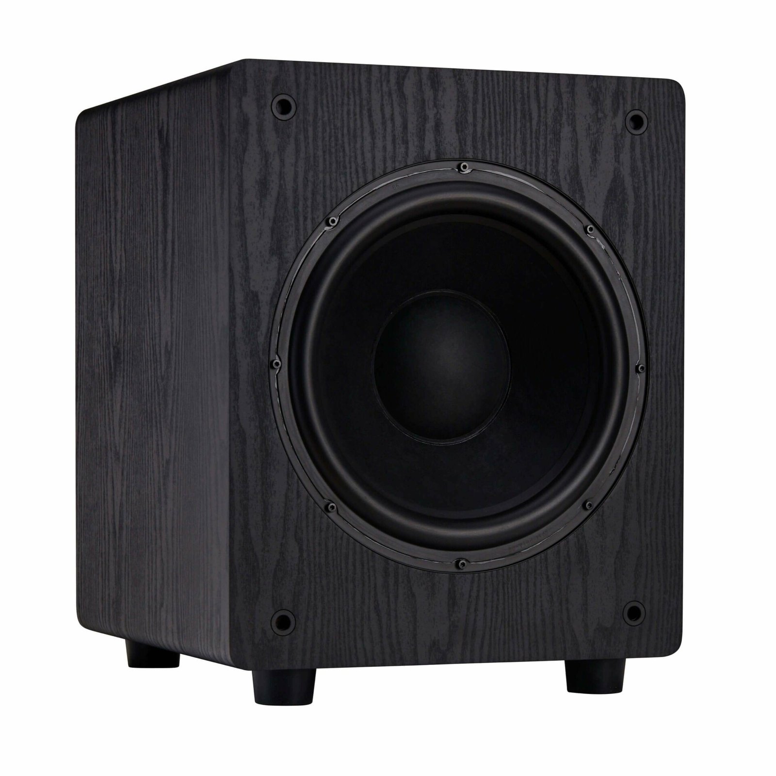 Fyne Audio F3-12 Active Subwoofer - Black Ash - front three-quarter view, black ash
