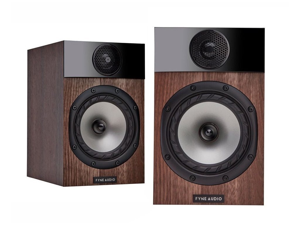 Fyne Audio F301 Bookshelf Speaker - Walnut - pair, front three-quarter view, walnut