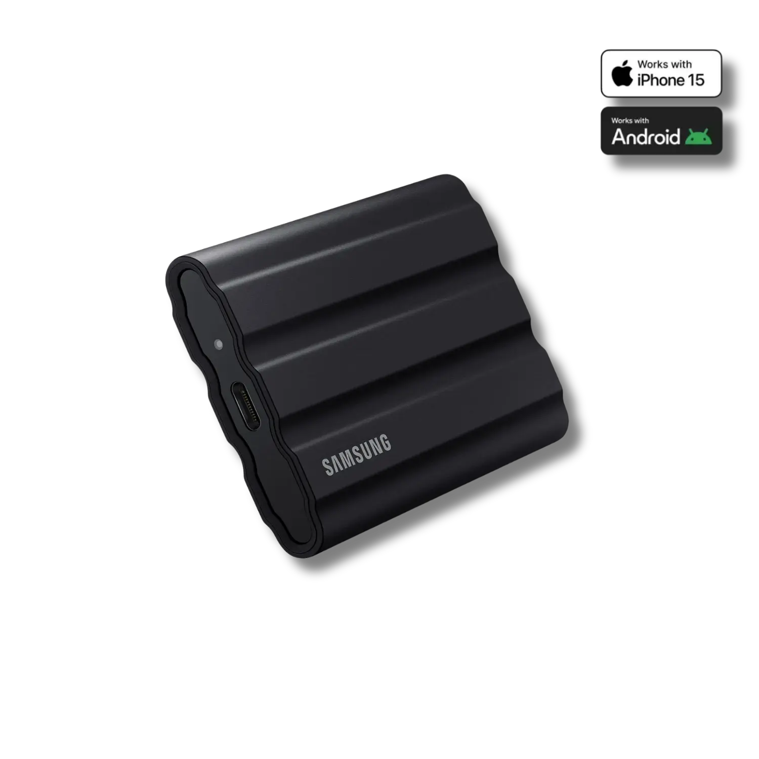 Samsung T7 Shield Portable SSD 1TB - angled view with feature badges