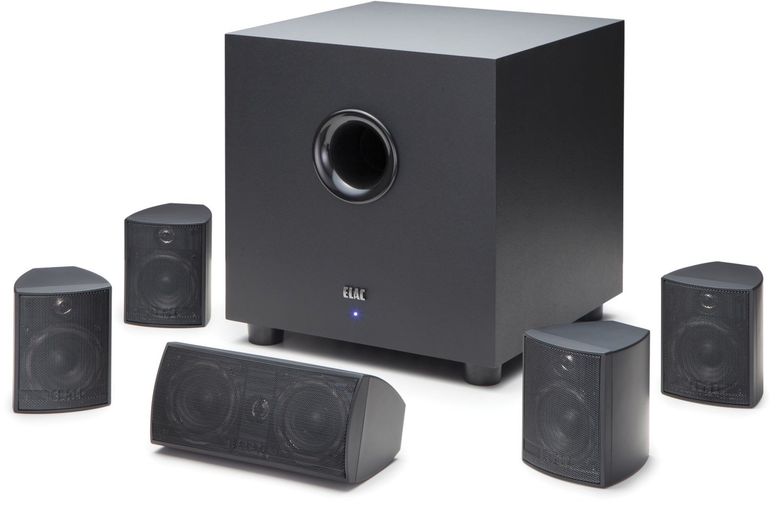 ELAC Cinema 5.2 Home Theatre Speaker System - three-quarter set view, subwoofer with satellites and centre, black