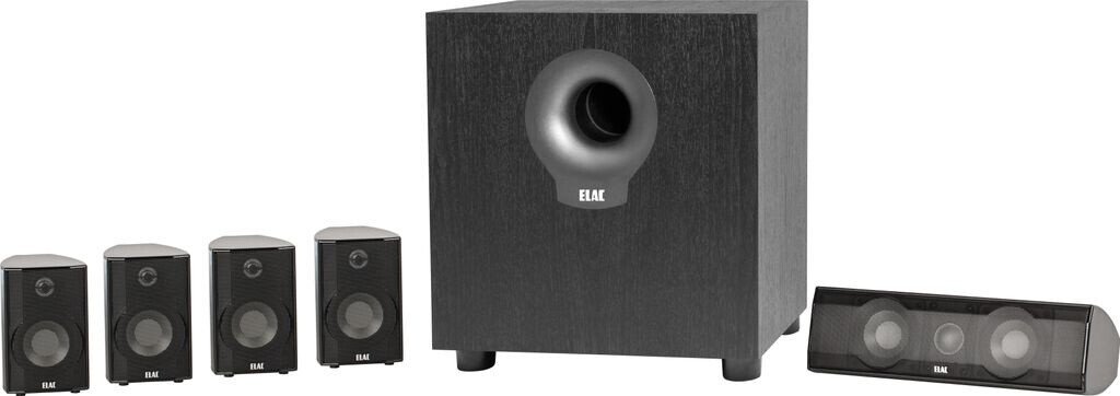 ELAC Cinema 5.2 Home Theatre Speaker System - side layout view, subwoofer with satellites and centre in a row, black